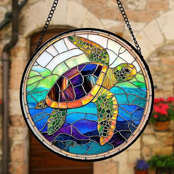 DASTOLL Stained Glass Window Hanging, Colored Turtle Ocean Suncatcher Diamond Glass Panel Hangings Marine Life Sun Catchers Decor for Birthday for Women, Men, Wife, Aunt, Mom 15x15 in