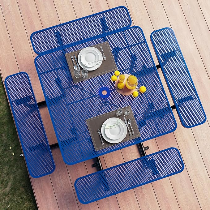 Metal Picnic Tables for Outdoors with Umbrella Hole - Coated Steel Heavy Duty Commercial Grade Furniture with Adjustable Seats (Blue, 46 in, Square, Punched Steel)