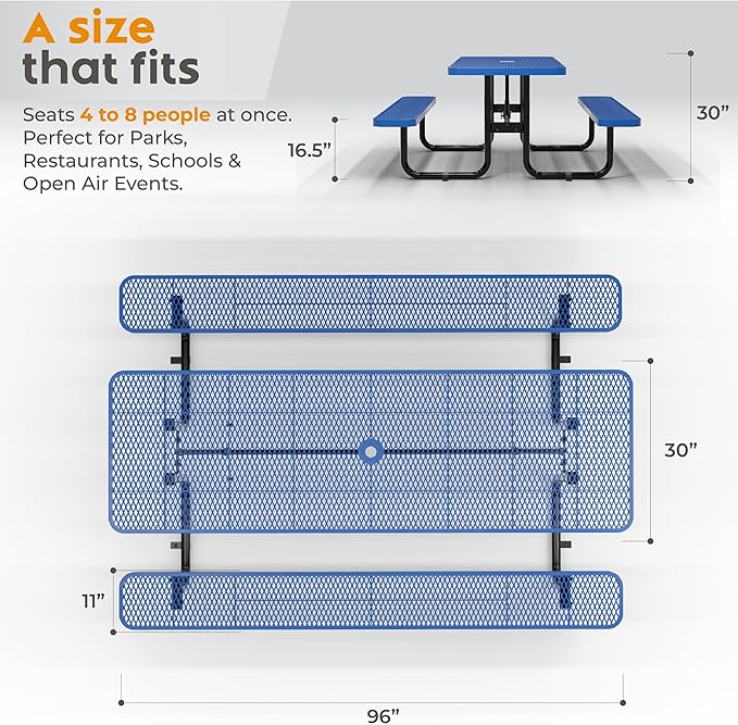 Commercial Heavy-Duty Metal Picnic Table - ADA Compliant, Adjustable Seats, Umbrella Hole, Expanded Metal (Blue, 8' Rectangular)
