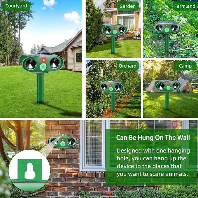 2 Pack Solar Ultrasonic Cat Repellent Outdoor, Waterproof Solar Animal Repellent for Garden, Ultrasonic Deer Deterrent Devices for Yard Lawn to Scare Rabbit, Dog, Squirre, Raccoon, Skunk (2)