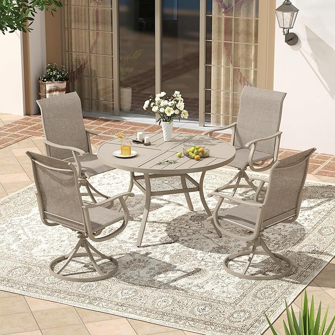 VICLLAX Round Patio Dining Table, 4 Person Metal Outdoor Dining Table with Umbrella Hole and Storage Shelf for Garden Lawn Deck, 40.6" Sandshell