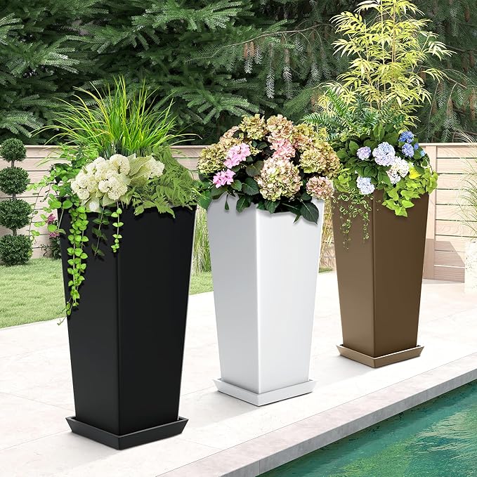24" Tall Planters for Outdoor Plants, Set of 2 Large Outdoor Planters for Front Porch Decor with Drainage Hole, Front Porch Decor (Black)