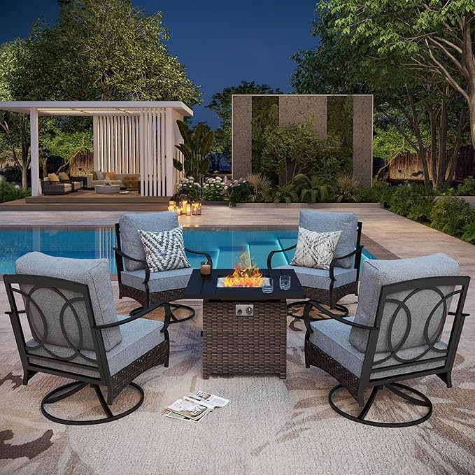 Patio Furniture Set with 32" Fire Pit Table, Patio Conversation Sets 4 Swivel Chairs with Thick Cushion and 50000 BTU Fire Pit Table (5 Pieces,Grey