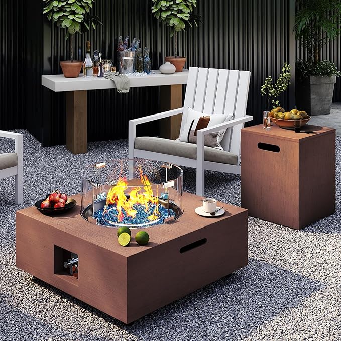 28 Inch Fire Pit Table Propane Fire Pit 40,000 BTU Gas Fire Pits 2-Piece With Tank Table Wind Guard Glass Rocks Protective Cover For Outside Patio Outdoor Backyard Deck Balcony, CSA Certified