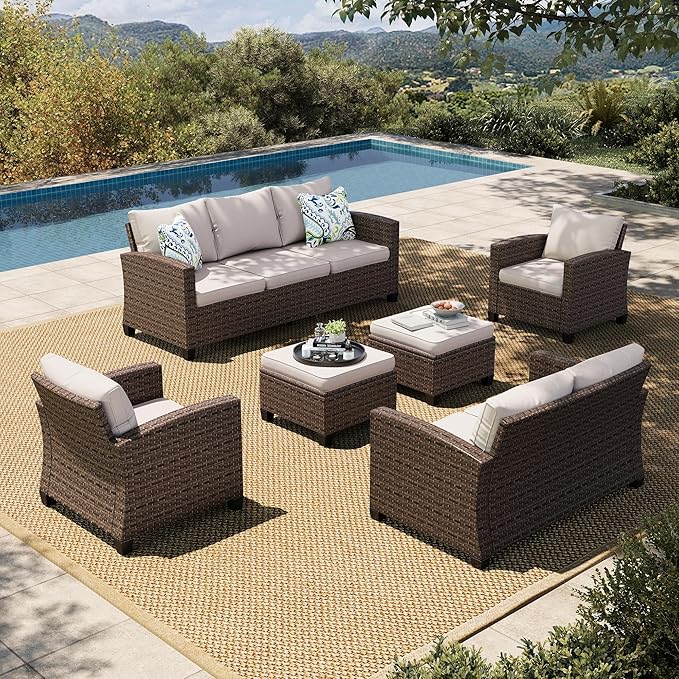 HERA'S HOUSE Wicker Patio Furniture Set, Outdoor Sectional Conversation Sets, 6 Pieces 9 Seats Outside Sofa Set for Lawn Backyard