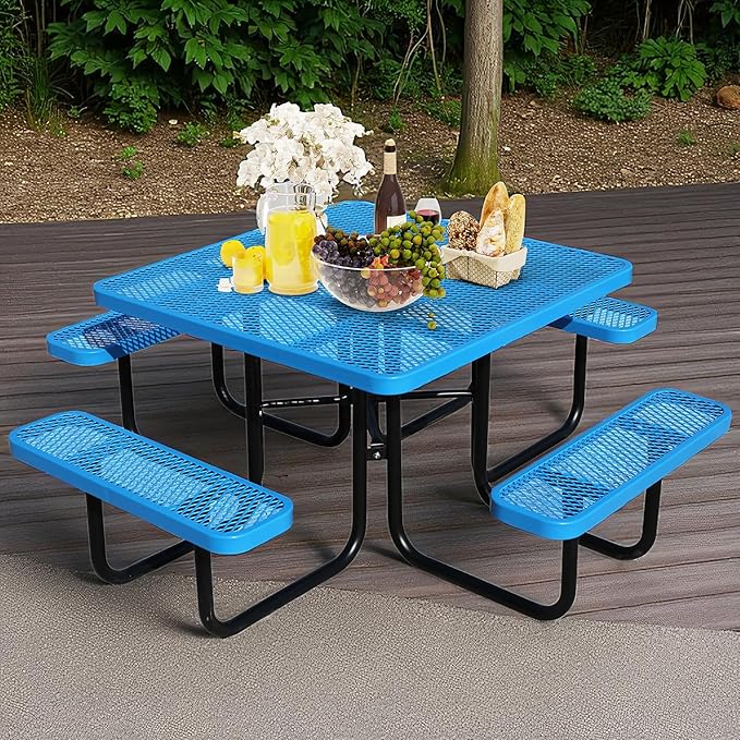 HIMcup 46" Square Picnic Table for Outside,Heavy Duty Metal Picnic Table Bench Set with 2in Umbrella Hole, 1600 lb Capacity,Commercial Dining Table Furniture for Garden Yard Patio Party Coffee Shop