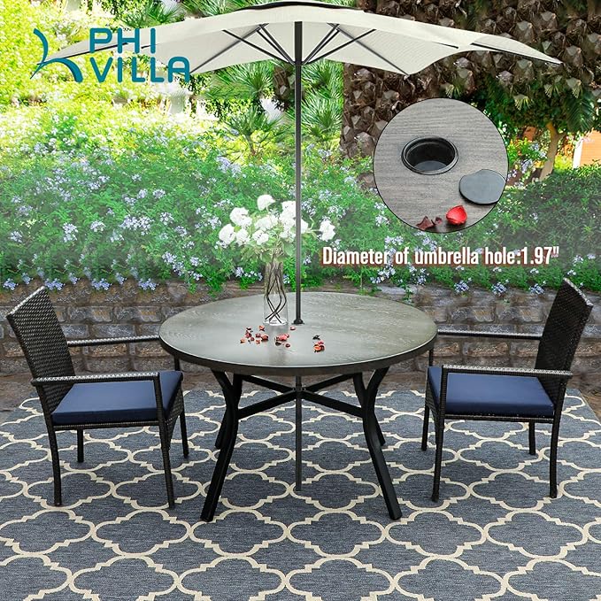 PHI VILLA 44 Inch Large Metal Round Table for 4, Wood-Like Top Patio Table with Umbrella Hole, Large Modern Furniture for Deck, Porch, Yard - Black