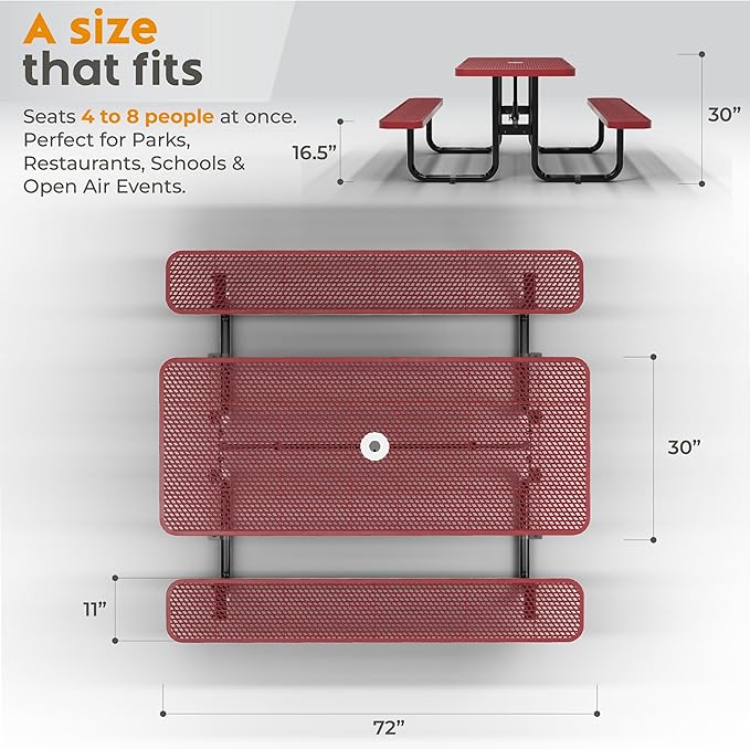 Commercial Heavy-Duty Metal Picnic Table - ADA Compliant, Adjustable Seats, Umbrella Hole, Expanded Metal (Red, 6' Rectangular)