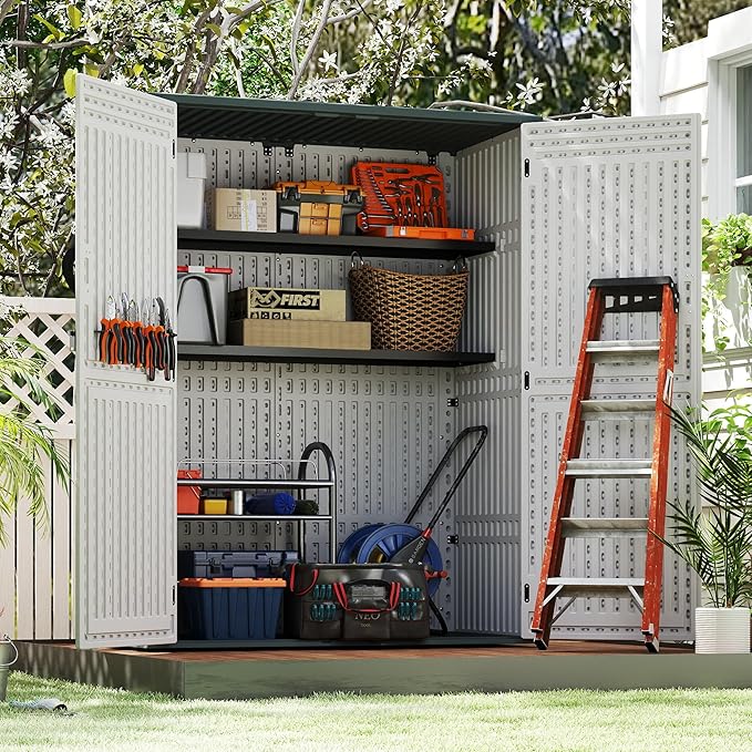 EHHLY Vertical Resin Storage Shed with 2 Shelves, 60 Cuft Garden Tool Sheds & Outdoor Storage, Plastic Outdoor Storage Cabinet Waterproof, 4.5 x 2.3 ft Backyard Outside Lawn Mower Storage Shed, White