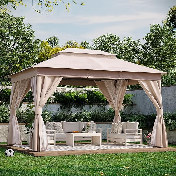 LAUSAINT HOME Outdoor Patio Gazebo 10'x13' with Expansion Bolts, Heavy Duty Party Tent & Shelter with Double Roofs, Mosquito Nettings and Privacy Screens for Backyard (Khaki)