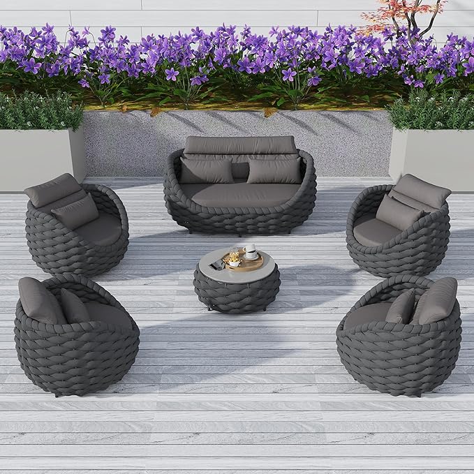 TWT 6 Pieces Patio Furniture Set, Outdoor Rope Conversation Sectional Patio Sofa with 6 Seater for Backyard, Porch, Modern Armchairs with Thickness Cushions and Side Table, Dark Grey