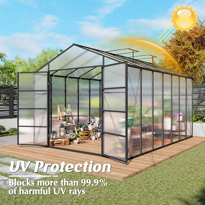 KEIKI Walk-in 10x14 FT Polycarbonate Greenhouse, Aluminum Frame Outdoor Greenhouse with Roof Vent, Anchor Base & UV-Blocking Panels for Backyard Gardening, Black