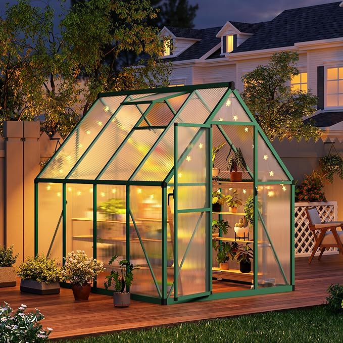 GAOMON 6x7 FT Outdoor Greenhouse with Roof Vent - Heavy Duty Aluminum Polycarbonate Greenhouse, Easy Assembly, Lockable Door, for Patio, Backyard, Garden