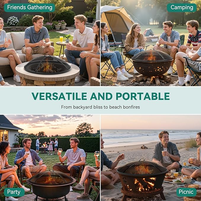 YITAHOME 30" Fire Pit Screen with Top Ring & Poker, Iron Mesh Spark Guard with High-Temperature Coating, Portable & Modular for Backyard Fire Pits, Camping, Beach Parties, and Barbecues