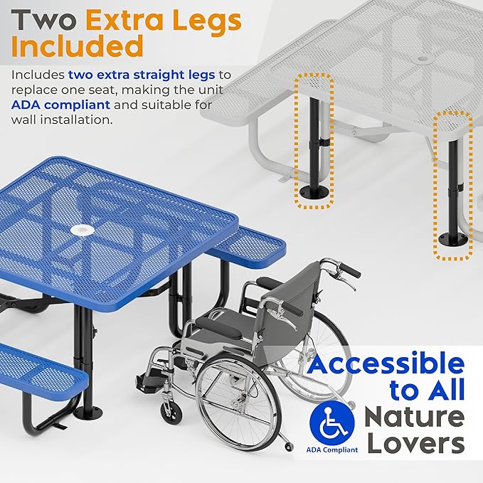 Metal Picnic Tables for Outdoors with Umbrella Hole - Coated Steel Heavy Duty Commercial Grade Furniture with Adjustable Seats (Blue, 46 in, Square, Punched Steel)