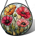 AMDERVEN Stained Glass Suncatcher, Red Orange Poppy Flowers Sun Catcher Silver Background Wildflowers Window Hanging Decor Christmas Mother Birthday Gifts for Women Men Mom Nana 9.8 in