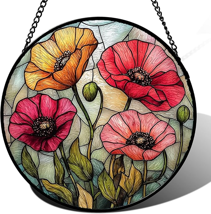 AMDERVEN Stained Glass Suncatcher, Red Orange Poppy Flowers Sun Catcher Silver Background Wildflowers Window Hanging Decor Christmas Mother Birthday Gifts for Women Men Mom Nana 9.8 in