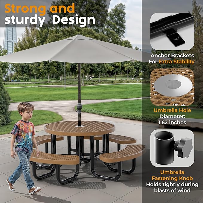 OUTTANS Round Metal Picnic Tables for Kids for Outdoors with Umbrella Hole, Adjustable Seats for School, Park, Playground (Brown, 38 in, Kids, Expanded Steel)