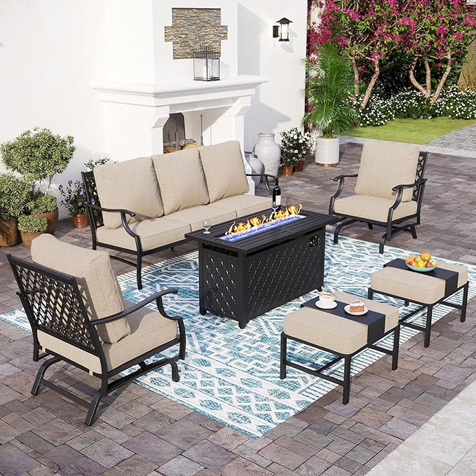 SUNSHINE VALLEY Patio Furniture Set with Firepit Table, Metal Outdoor Patio Furniture, 2 Rocking Chairs, 3 Seater Sofa, 2 Ottomans with 5.75" Extra Thick Cushion and Gas Firepit Table for Backyard