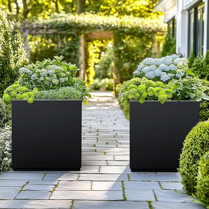 Large Metal Planter for Indoor & Outdoor, Square Planter Boxes with Drainage Holes, Tall Divider Planter Box All-Weather Use for Plants, Flowers, 17" L x 17" W x 18" H, Black