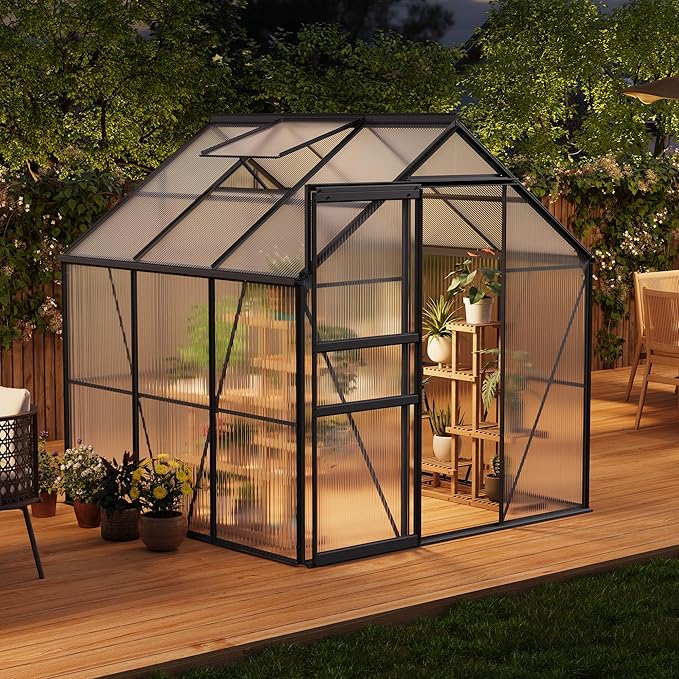 GarveeHome 6 x 6 FT Polycarbonate Greenhouse, Winter Greenhouses for Outdoors with Aluminum Frame, Sliding Door, Adjustable Roof Vent, Backyard Green Houses, Patio Garden, Black
