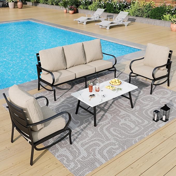 PHI VILLA 4 PCS Patio Furniture Set with 1 x 3-Seat Bench Sofa, 2 x Fixed Sofa Chair & 1 Coffee Table, All Cushioned Outdoor Conversation Set for 5