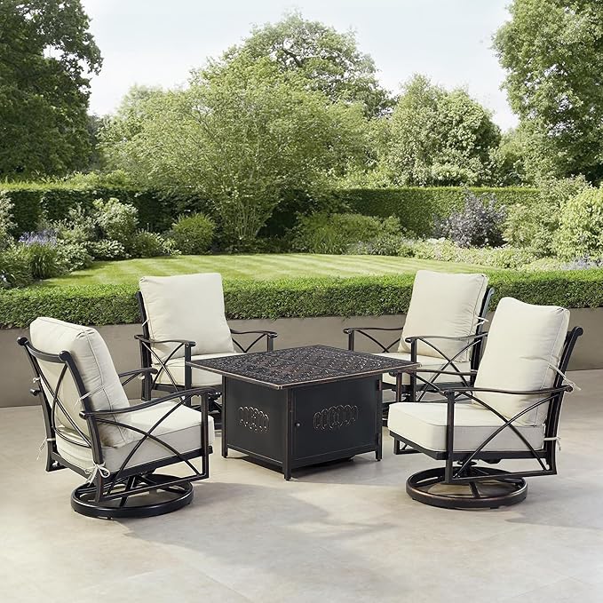 Oakland Living Black Aluminum Patio Fire Table Set with Four Club Chairs