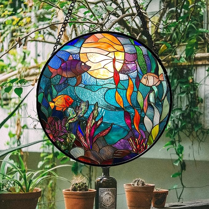 AMDERVEN Stained Glass Window Hanging - Blue Ocean World Small Fish Coral Sun Catcher for Door Garden Home Decor Sea Suncatcher Christmas Mother's Day Birthday Gifts for Women Men Mom Nana 6.3 in