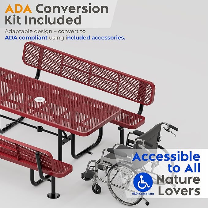 Commercial Heavy-Duty Metal Picnic Table with Backrest - ADA Compliant, Adjustable Seats, Umbrella Hole, Expanded Metal (Red, 6' Rectangular with Back)