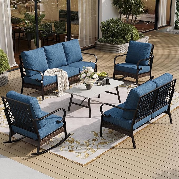 SUNSHINE VALLEY 5 Piece Metal Outdoor Patio Furniture Set, Patio Conversation Sets 3-Seater Sofa, 2-Seater Sofa, 2 Rocking Chair with 5.75" Thick Cushion & Coffee Table Backyard Furniture, Blue-2