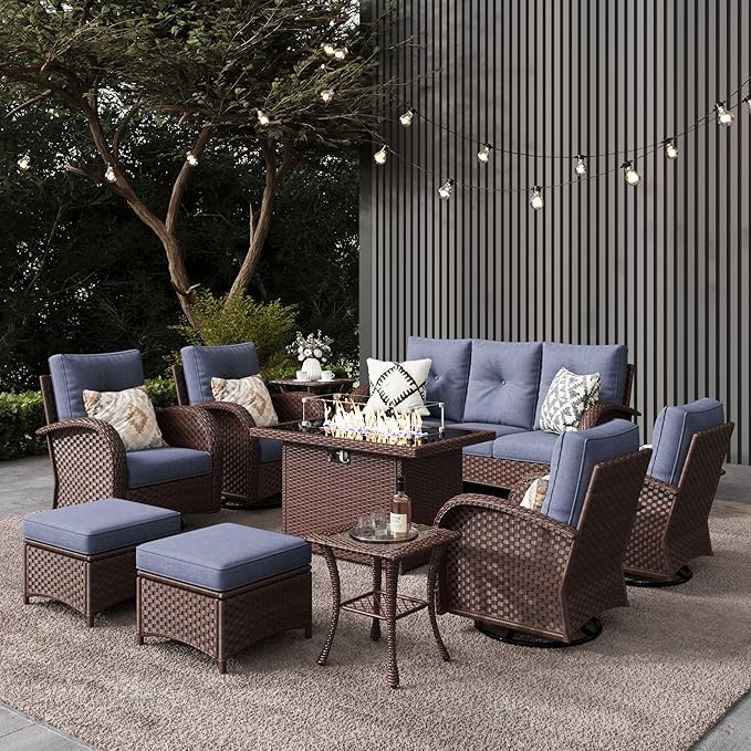 LayinSun 10 Pieces Outdoor Patio Furniture Set with Fire Pit Table, Rattan Wicker Sectional Swivel Rocker Chairs Sets