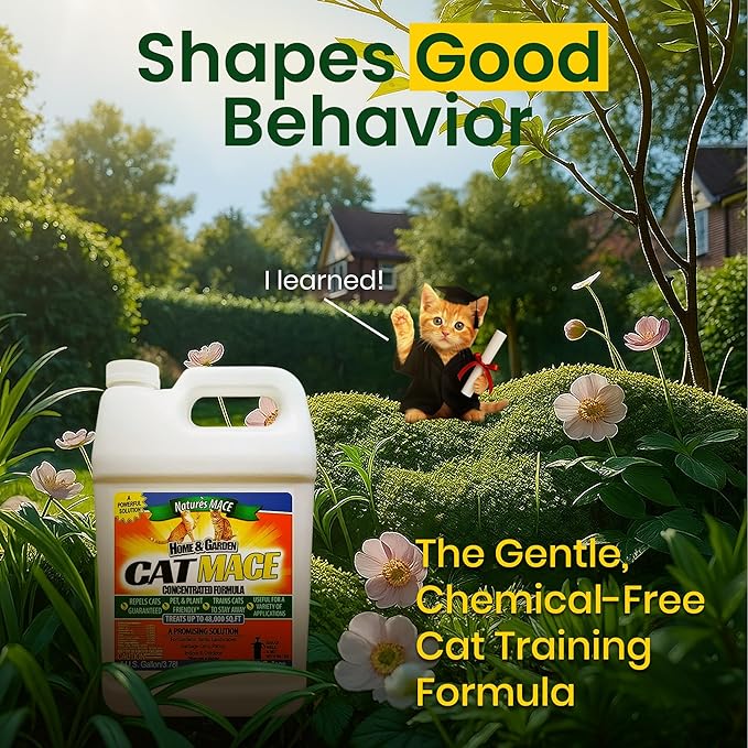 Nature's MACE Cat Mace Cat Repellent, Training Liquid Deterrent Tool, Makes 16 Gallons, Keep Out of Lawn & Garden, Large Areas, Outdoor & Indoor Use, Yards, Landscaped, Plants, 1 Gallon Concentrate