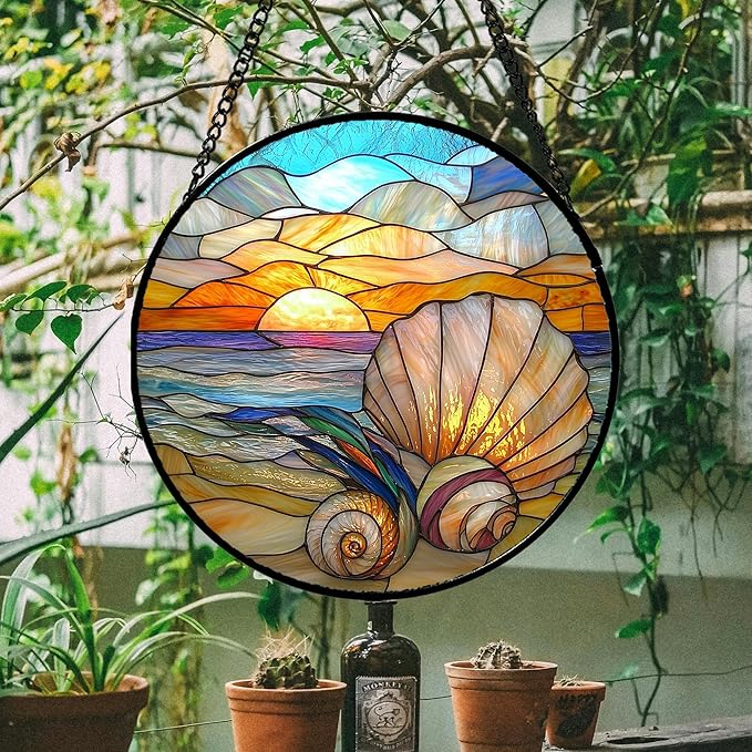 AMDERVEN Stained Glass Window Hanging - Colorful Beach Shells Conch Sun Catcher for Door Home Decor Ocean Suncatcher Christmas Mother's Day Birthday Sea Lover Gifts for Women Men Mom Nana 6.3 in