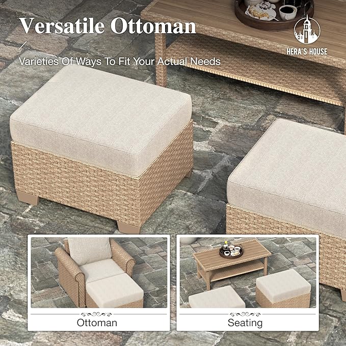 HERA'S HOUSE 8-Piece Patio Furniture Set, All Weather 9 Seats Outdoor Wicker Sofa with Ottomans, Rattan Patio Conversation Set with 5.5" Cushions and 57" Fire Pit Table, Beige