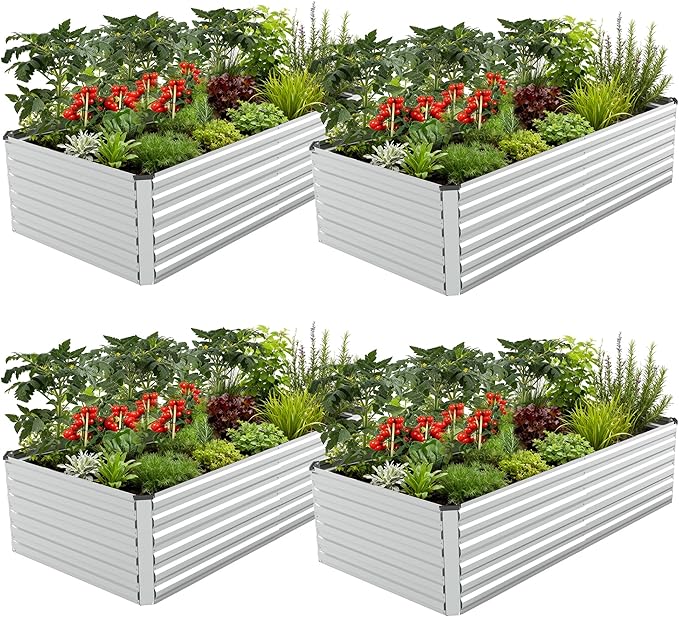 FOOWIN 4pcs 6x3x2ft Galvanized Raised Garden Bed, Planter Raised Garden Boxes Outdoor, Large Metal Raised Beds for Gardening, Garden Bed for Vegetables, Flowers, Herb,269 Gallon Capacity, Silver