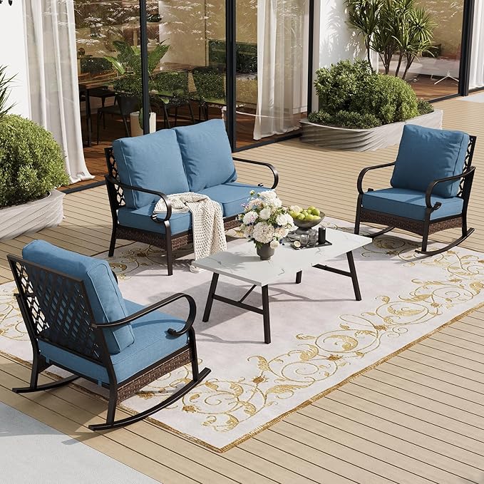 SUNSHINE VALLEY 4 Piece Metal Outdoor Patio Furniture Sets, Patio Conversation Sets with 5.75" Thick Cushion, Patio Loveseat and Rocking Chair wth Coffee Table, Balck Backyard Furniture, Denim Blue