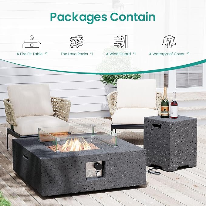 SUNBURY Outdoor Travertine Fire Pit Table, 35 in Square Propane Gas Patio FirePit 50000 BTU, Firepit Table with Lava Rocks, Wind Guard, Propane Tank Cover, Waterproof Cover (Grey)
