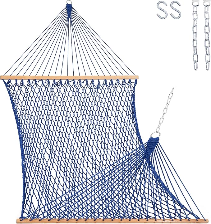 Lazy Daze Hammocks 12FT Double Rope Hammocks, 2 Person Hand Woven Cotton Hammock with Spreader Bar for Outside, Patio, Poolside, FIT 13-15 Foot Stand, Max 450 Lbs, Blue, 141 x 57 inches