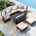 MFSTUDIO 8 Pieces Wicker Patio Furniture Set with 56" Fire Pit Table, Durable Rattan Outdoor Conversation Set Half-Moon Sectional Sofa, 4 x Curved Sofa, 1 x Armless Chair, 2 x Ottoman(Beige Cushion)