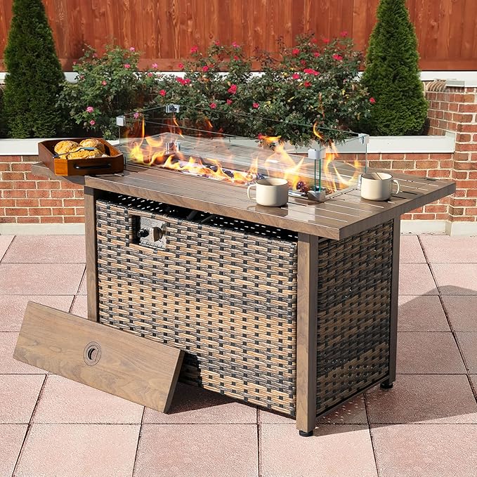 Nuu Garden 43" Propane Fire Pit, CSA-Listed Outdoor Fire Pit Table, 50000 BTU Gas FirePit with Lid, Glass Wind Guard, Glass Beads, 2-in-1 Rectangular FirePit for Outside Backyard, Brown