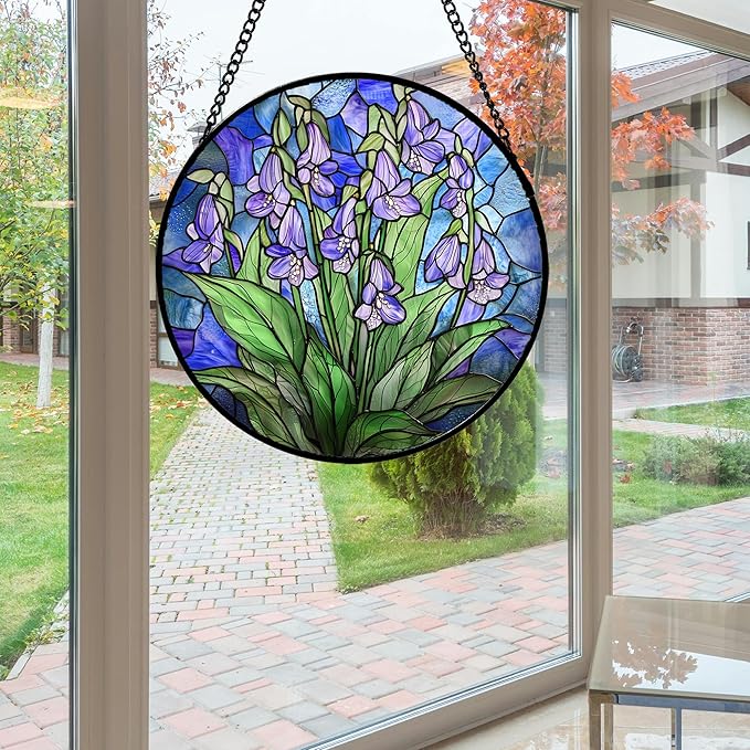 AMDERVEN Stained Glass Suncatcher, Blue Purple Flowers Green Leaves Sun Catcher Plants Stain Glass Window Hanging Decoration Mother's Day Birthday Gifts for Women Men Mom and Nana 15 in