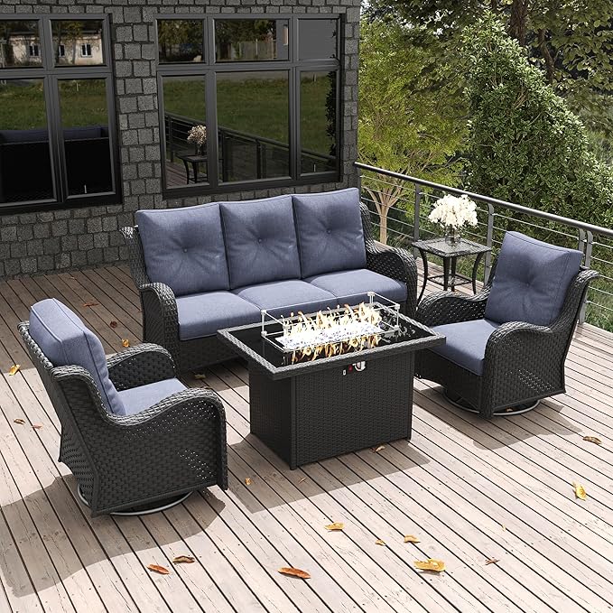 LayinSun 5 Pieces Outdoor Patio Furniture Set with Fire Pit Table, Rattan Wicker Sectional Swivel Rocker Chairs Sets with Swivel Glider Chair and Coffee Table