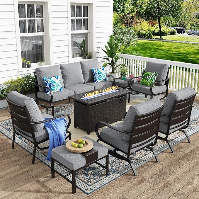 MFSTUDIO 8 Pieces Patio Furniture Sets with 45" Gas Fire Pit Table(Up to 9 Seat), Outdoor Metal Conversation Sofas with 1 x 3-Seat Sofa, 2 Single Chairs, 2 Rocking Chairs and 2 Ottoman, Grey Cushion