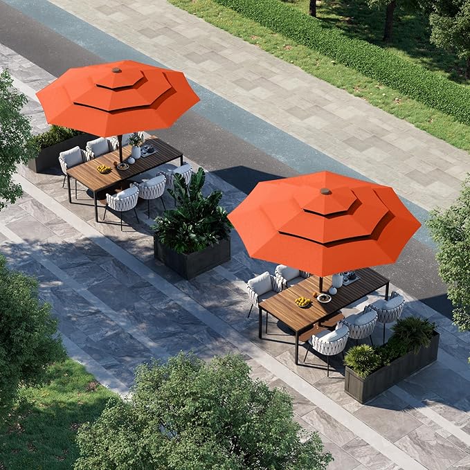 9FT 3 Tiers Patio Umbrella With Auto Tilt And Crank, Outdoor Table Market Umbrella with 8 Sturdy Ribs for Garden, Lawn, Deck, Backyard and Pool