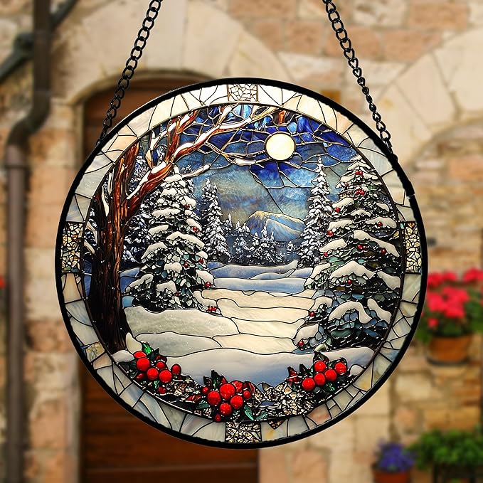 DASTOLL Stained Glass Window Hanging Christmas Tree Winter Snow Night Scenery 6.3" - Suncatcher Door Garden Kitchen Sun Catcher Home Decor Birthday for Mom Men Woman Friend