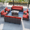 Kurapika 13 Pieces Patio Furniture Set, Rattan Wicker Outdoor Conversation Sets w/43in Propane Fire Pit Table and 4 Inch Cushion(Red)