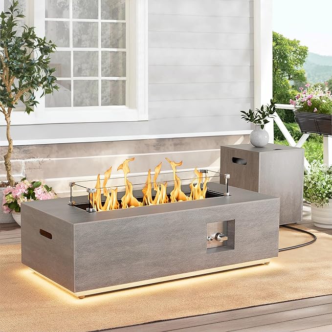 Dineli 2-Piece Outdoor Propane Fire Pit Table Set w Tank Table 42'' Rectangular Firepit Gas Fire Pits for Outside Patio Table Fire Pit w LED, 50,000 BTU (Gray, with Warmlight)