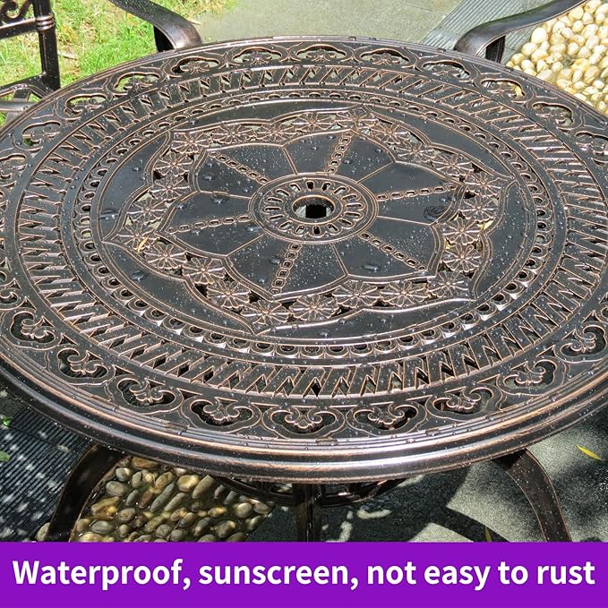FAPOLITE Outdoor Table Cast Aluminum Round Patio Table with Umbrella Hole All Weather Outdoor Dining Table for Lawn Garden Backyard (100cm Palm Round Table)