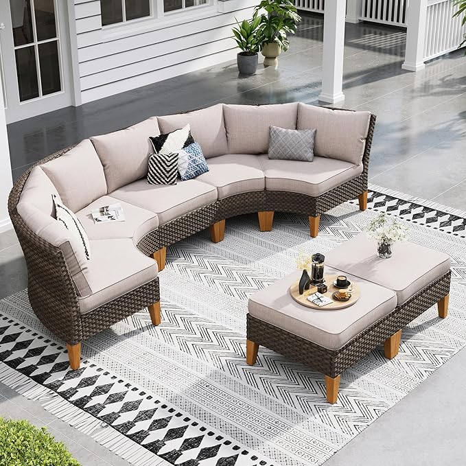 Sophia & William Half Moon Patio Furniture Set 7 Piece Outdoor Sectional Sofa Set, Wicker Patio Conversation Set with 2 Curved Sofa, 1 Armless Chairs, 2 Ottoman for Pool, Deck, Lawn (Beige)
