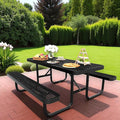 HIMcup 6FT Rectangular Steel Outdoor Picnic Table,Commercial Black Picnic Table Bench Set with Umbrella Hole, Weather-Resistant Heavy Duty School Dining Table for Patio, Garden, Backyard